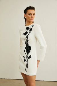 Kaseko Long Sleeve Sequin Floral Detail Mini Dress In White