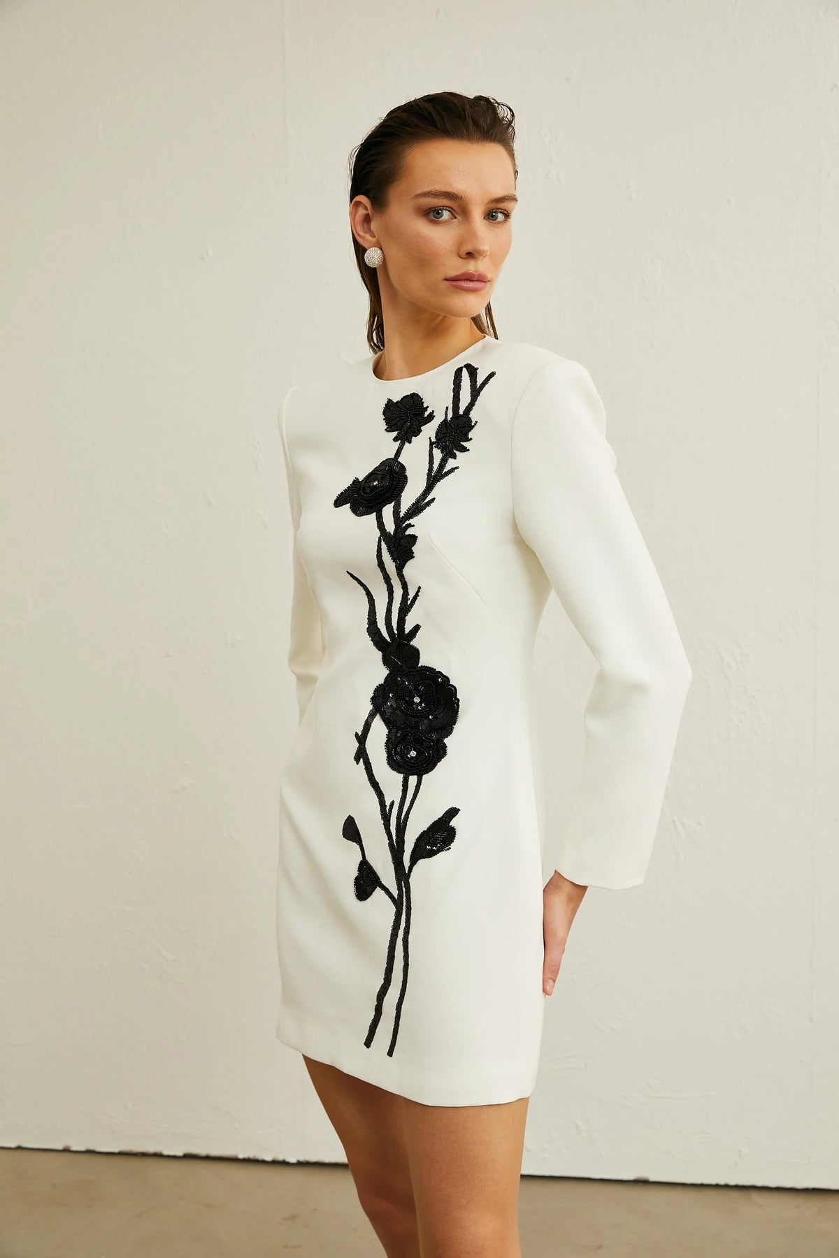 Kaseko Long Sleeve Sequin Floral Detail Mini Dress In White