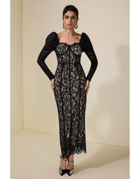 Farhad Puff Long Sleeve Lace Maxi Dress In Black