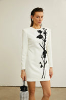 Kaseko Long Sleeve Sequin Floral Detail Mini Dress In White