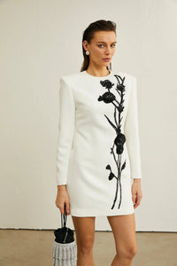 Kaseko Long Sleeve Sequin Floral Detail Mini Dress In White