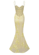 Dichen Yellow Floral Appliqué Corset Maxi Dress