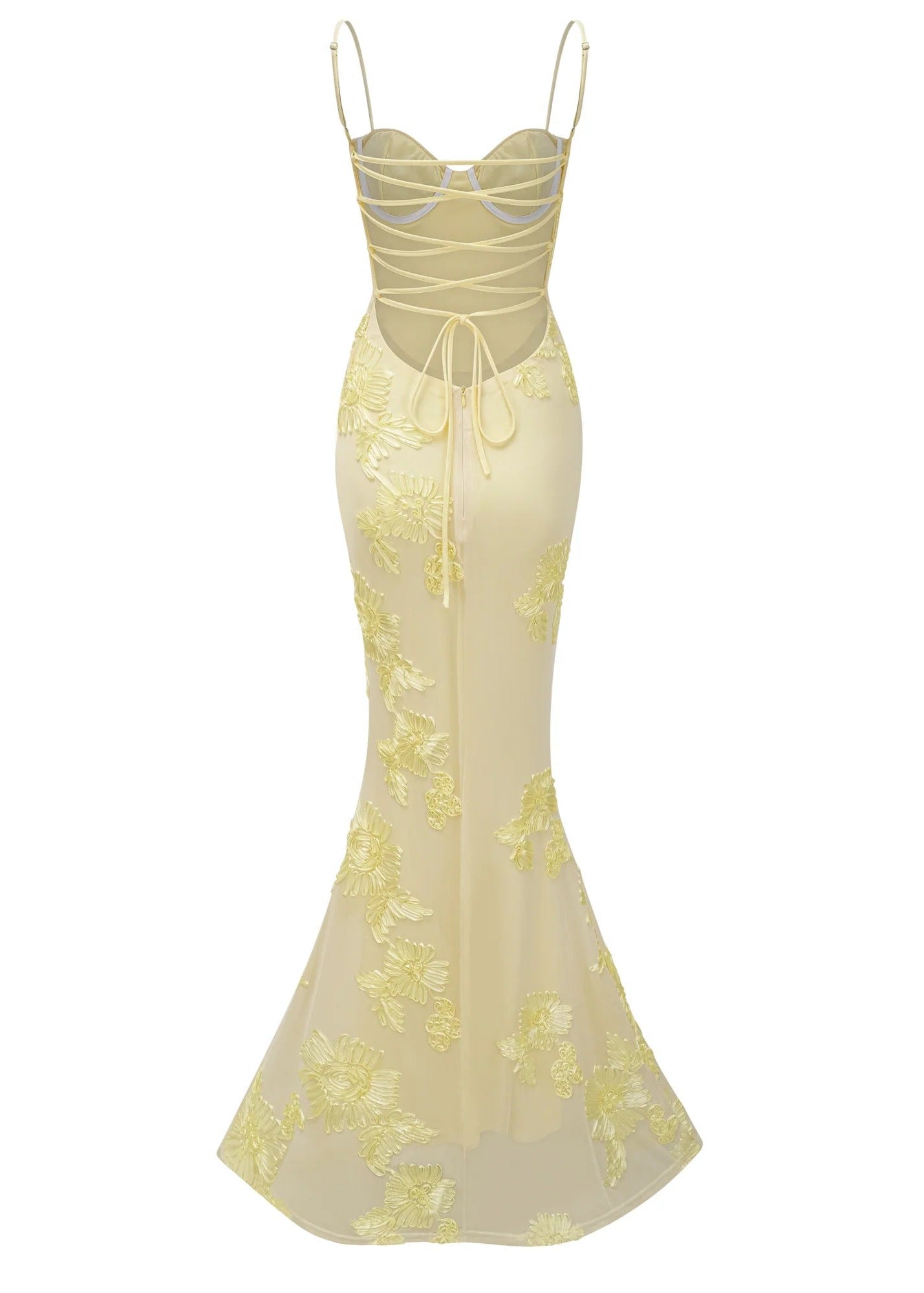 Dichen Yellow Floral Appliqué Corset Maxi Dress