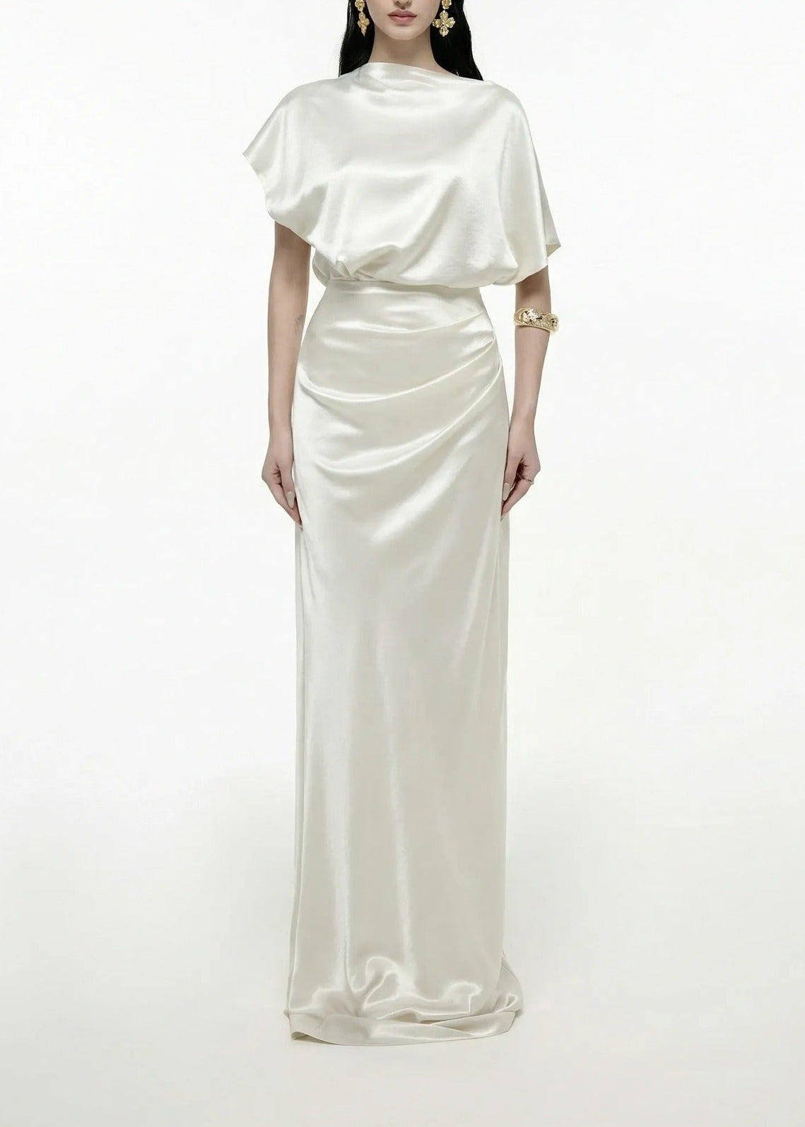 Delvion Satin Solid Ruched Maxi Dress