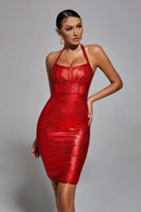 Lakendra Neck Metallic Bandage Dress In Red