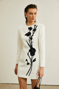 Kaseko Long Sleeve Sequin Floral Detail Mini Dress In White