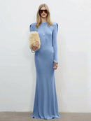 Implexor Long Sleeve Draped Back Maxi Dress In Blue