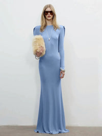 Implexor Long Sleeve Draped Back Maxi Dress In Blue