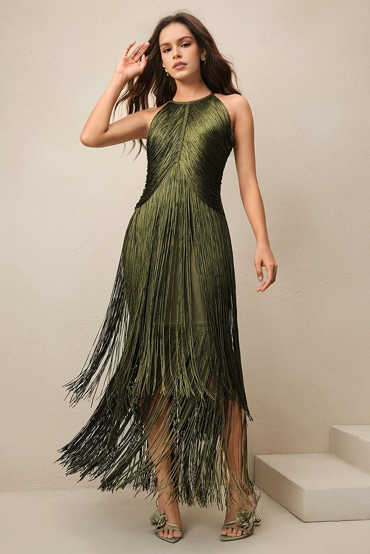 Natesa Halter Tassel Maxi Dress In Green