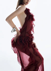 Sylora Flower Backless Mesh Mini Dress In Red