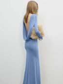 Implexor Long Sleeve Draped Back Maxi Dress In Blue