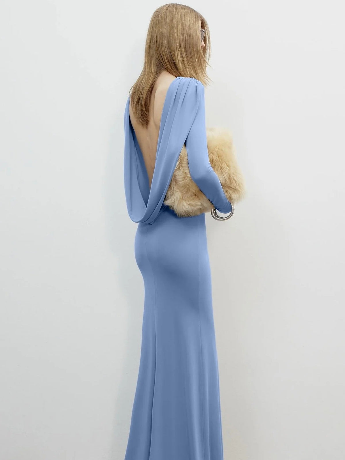 Implexor Long Sleeve Draped Back Maxi Dress In Blue