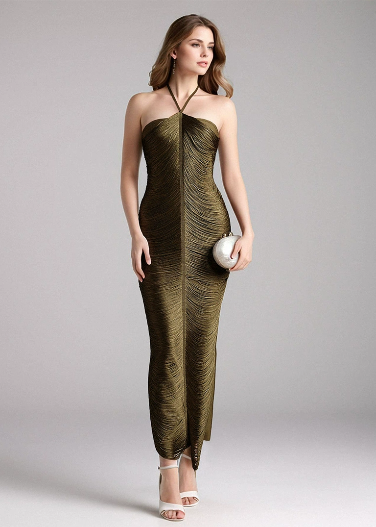 Helaine Halter Tassel Detail Maxi Dress In Green