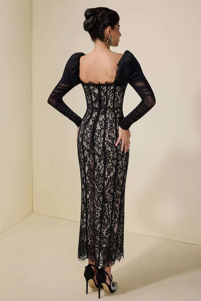 Farhad Puff Long Sleeve Lace Maxi Dress In Black