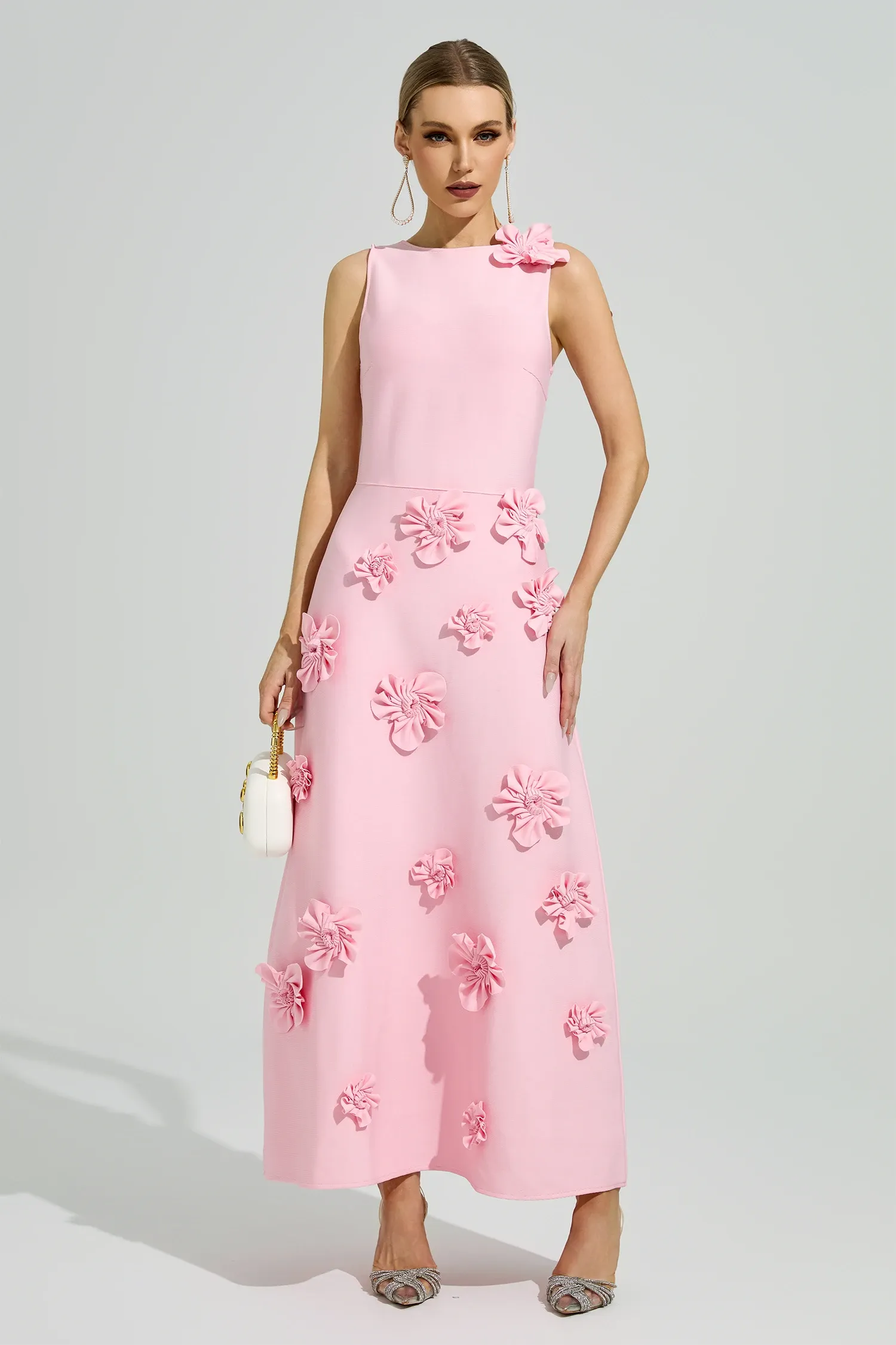 Givora Pink 3D Floral A-Line Maxi Dress