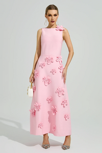 Givora Pink 3D Floral A-Line Maxi Dress