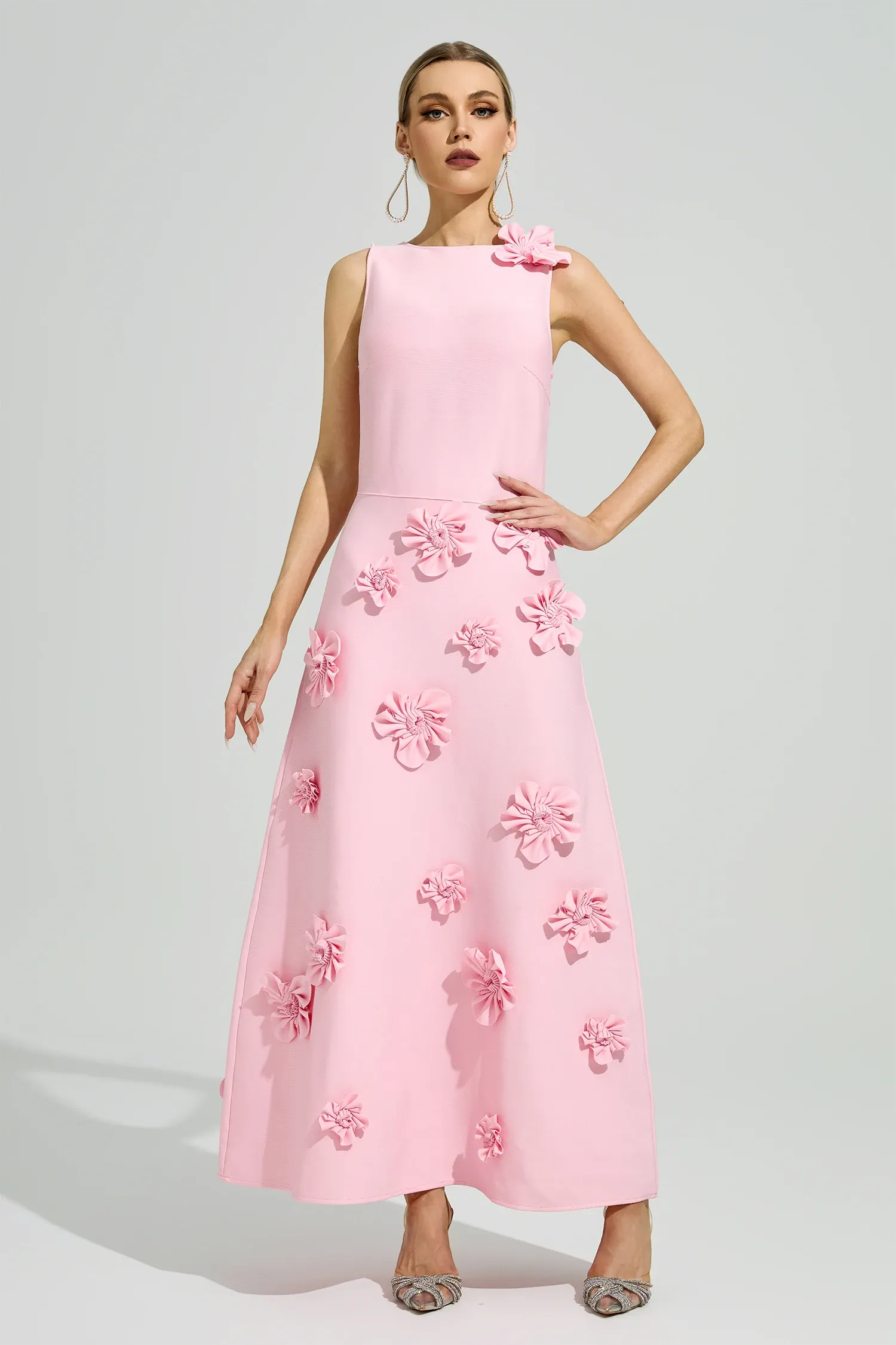 Givora Pink 3D Floral A-Line Maxi Dress