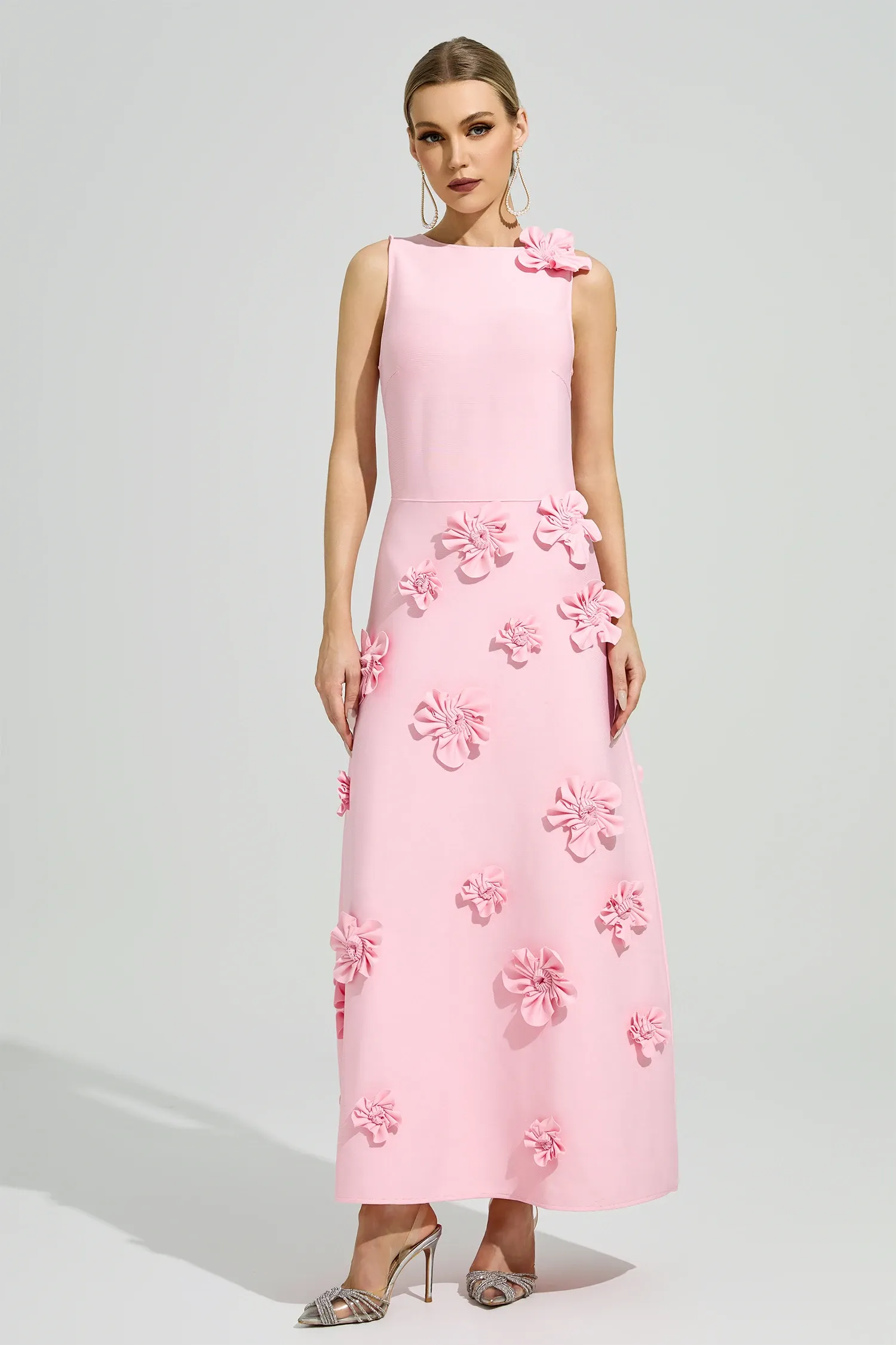Givora Pink 3D Floral A-Line Maxi Dress