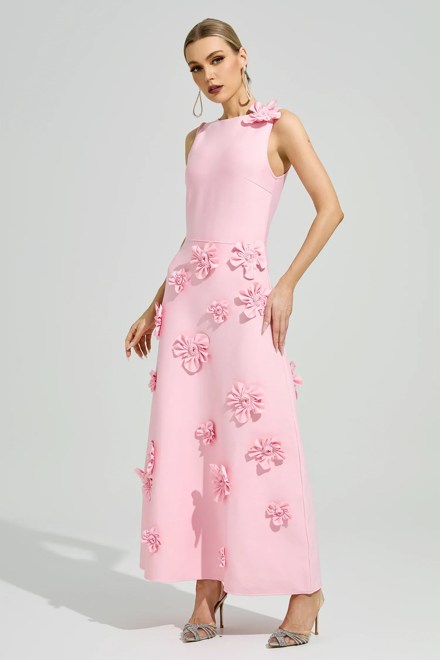 Givora Pink 3D Floral A-Line Maxi Dress