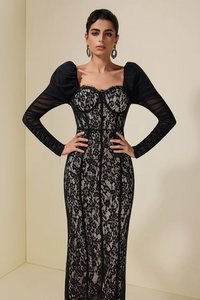 Farhad Puff Long Sleeve Lace Maxi Dress In Black