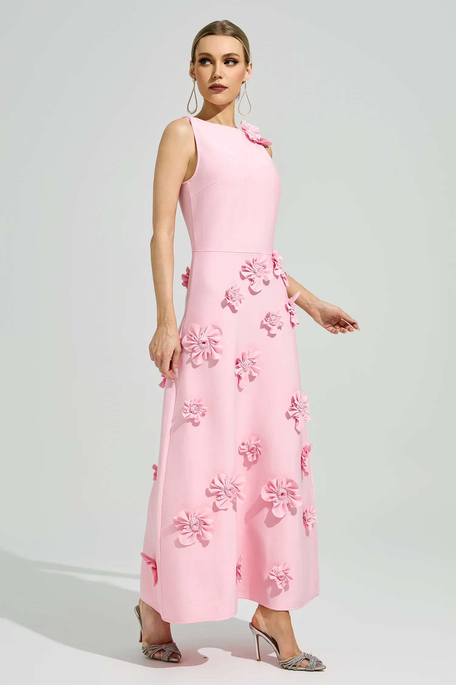 Givora Pink 3D Floral A-Line Maxi Dress