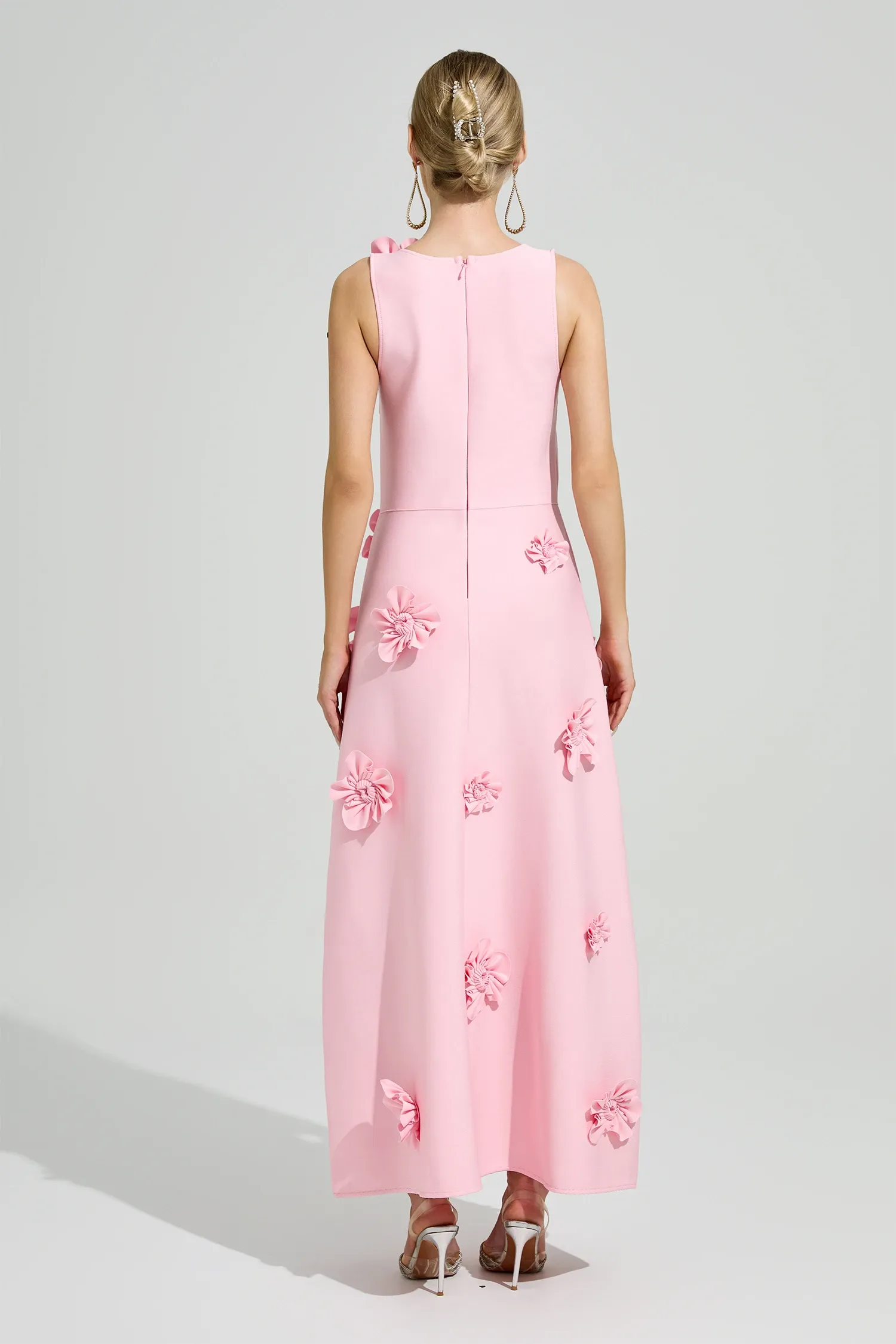 Givora Pink 3D Floral A-Line Maxi Dress