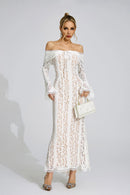 Pernilla Floral Lace Flared-Cuff Maxi Dress In Neutrals