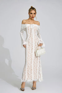 Pernilla Floral Lace Flared-Cuff Maxi Dress In Neutrals