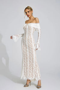 Pernilla Floral Lace Flared-Cuff Maxi Dress In Neutrals