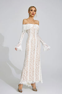 Pernilla Floral Lace Flared-Cuff Maxi Dress In Neutrals