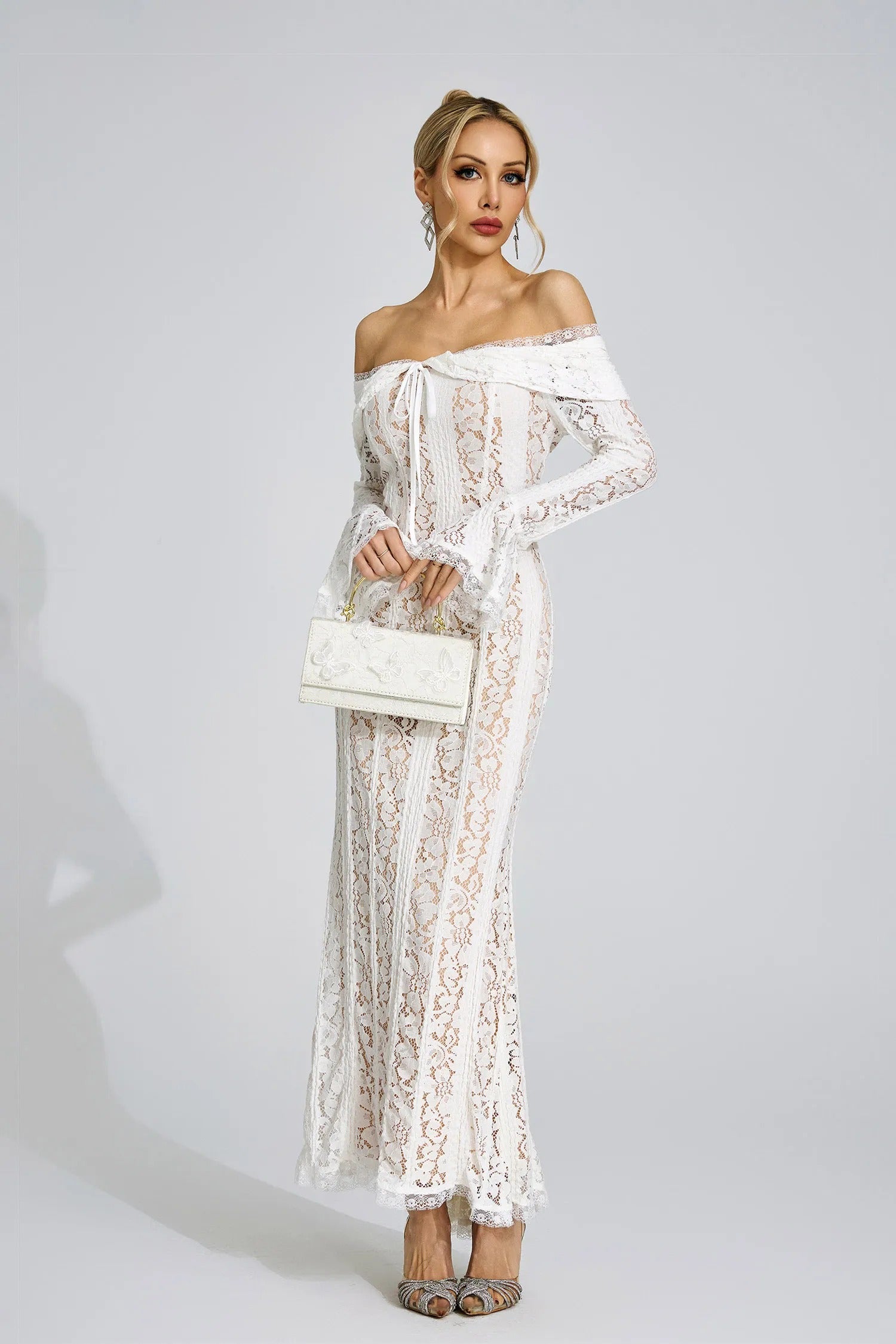 Pernilla Floral Lace Flared-Cuff Maxi Dress In Neutrals