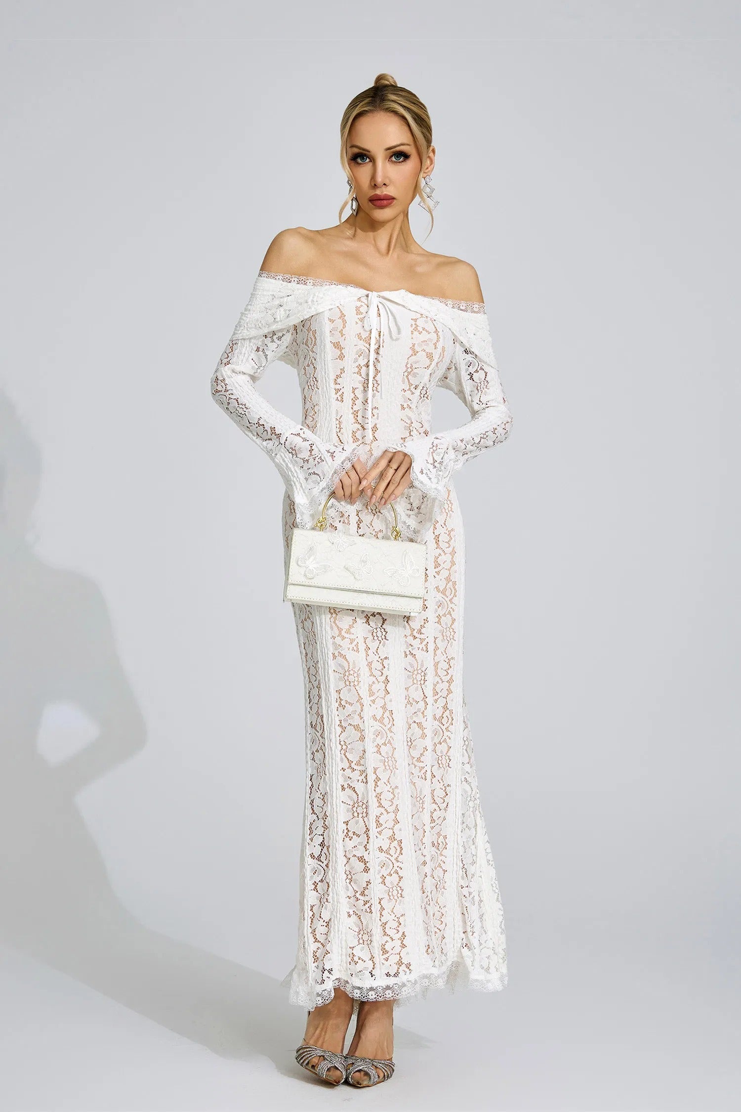 Pernilla Floral Lace Flared-Cuff Maxi Dress In Neutrals
