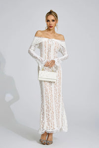 Pernilla Floral Lace Flared-Cuff Maxi Dress In Neutrals