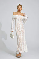 Pernilla Floral Lace Flared-Cuff Maxi Dress In Neutrals