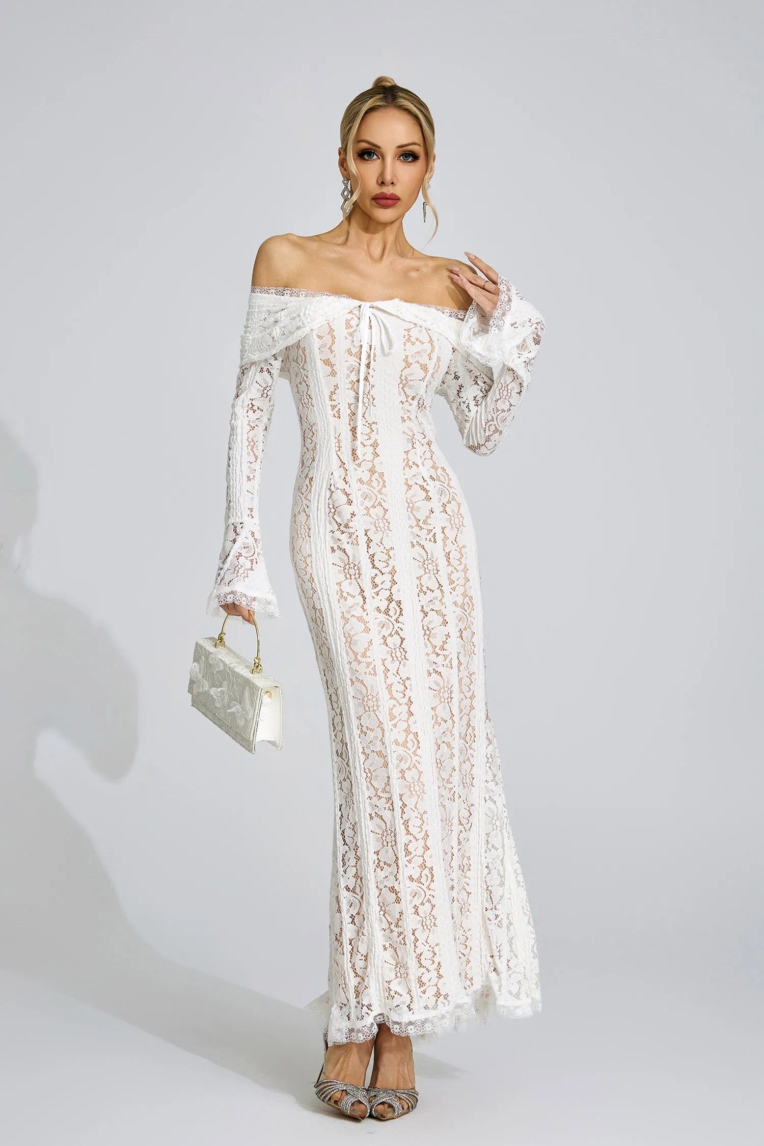 Pernilla Floral Lace Flared-Cuff Maxi Dress In Neutrals