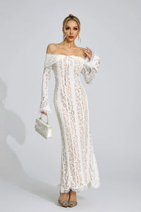 Pernilla Floral Lace Flared-Cuff Maxi Dress In Neutrals