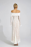 Pernilla Floral Lace Flared-Cuff Maxi Dress In Neutrals