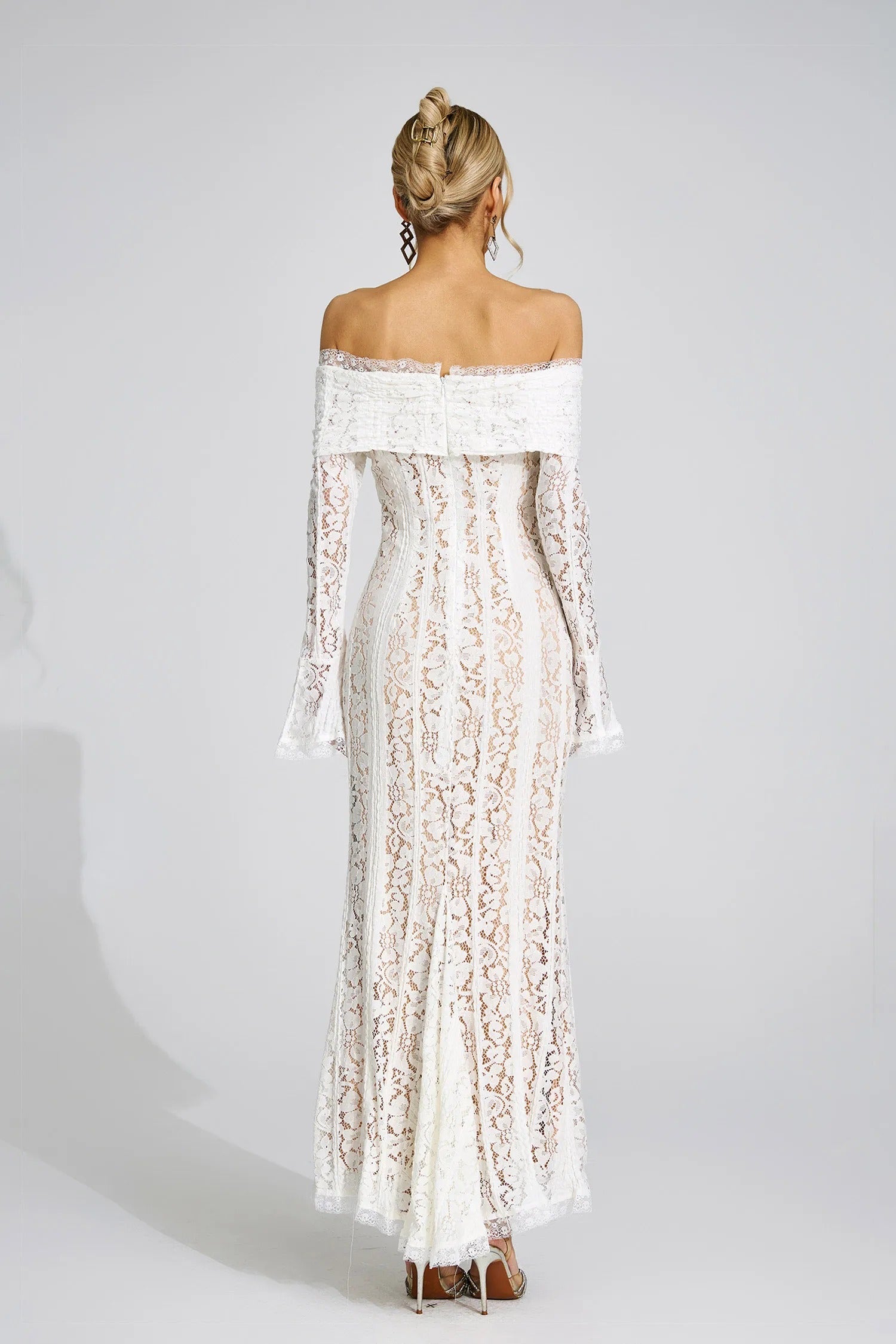 Pernilla Floral Lace Flared-Cuff Maxi Dress In Neutrals
