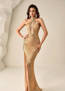 Olvara Halter Crystal Sparkly Maxi Dress In Gold