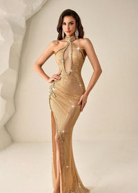 Olvara Halter Crystal Sparkly Maxi Dress In Gold