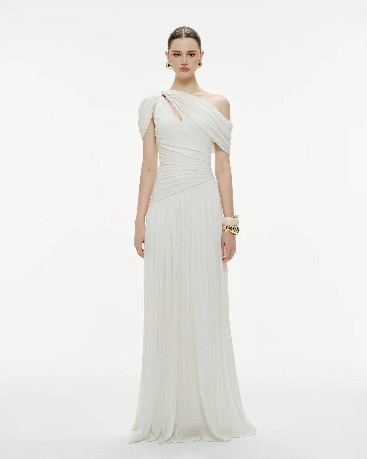 Elese White Asymmetrical Gathered Maxi Dress