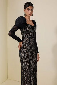 Farhad Puff Long Sleeve Lace Maxi Dress In Black