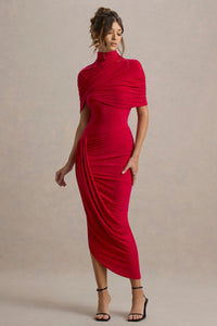Avelis Asymmetric Twisted Cape Midi Dress In Red