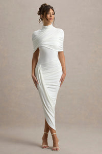 Avelis Asymmetric Twisted Cape Midi Dress In White