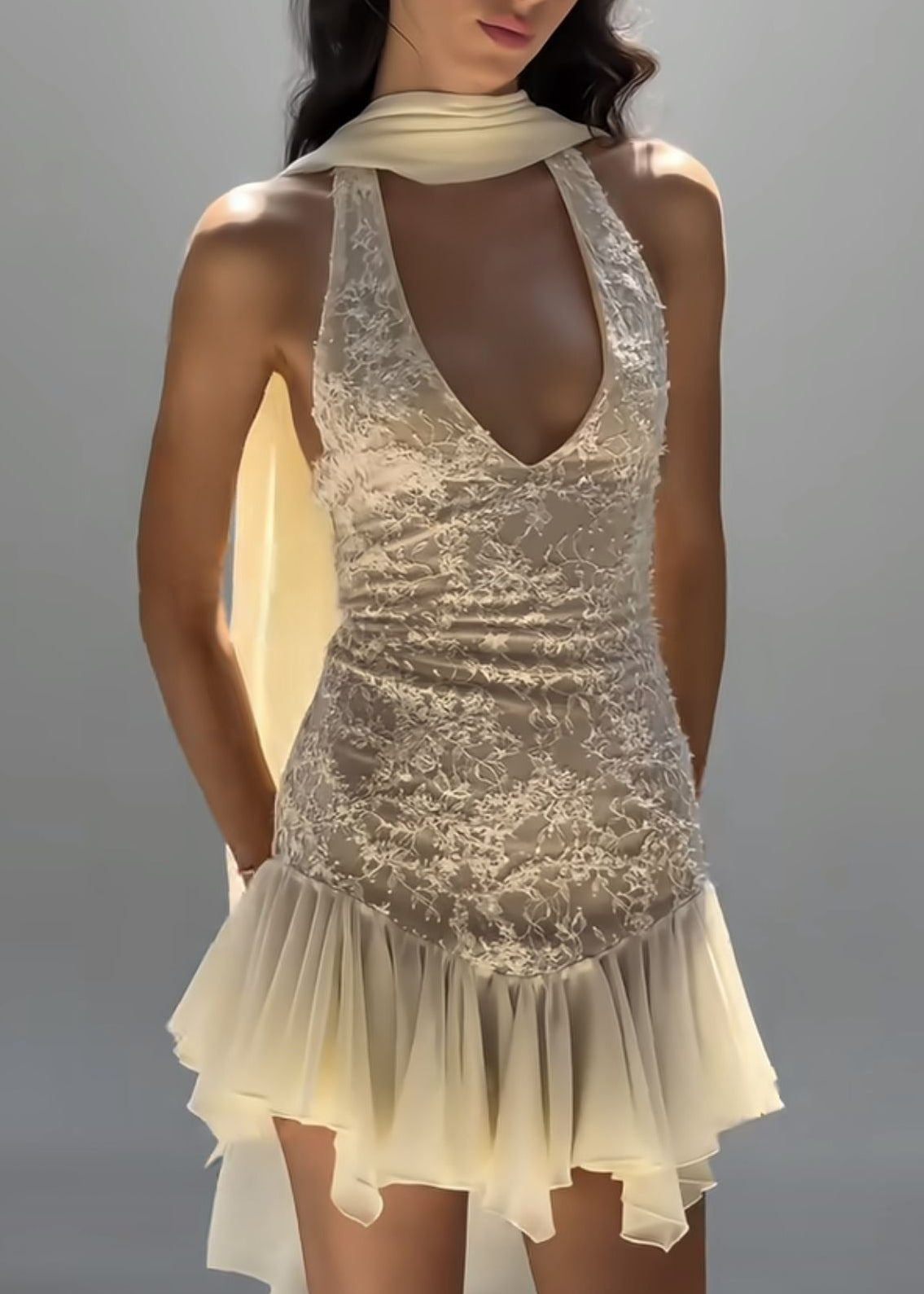 Elviora Halter-Neck Lace Mini Dress