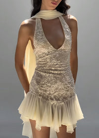 Elviora Halter-Neck Lace Mini Dress