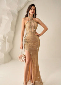 Olvara Halter Crystal Sparkly Maxi Dress In Gold