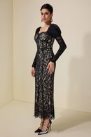 Farhad Puff Long Sleeve Lace Maxi Dress In Black