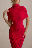 Avelis Asymmetric Twisted Cape Midi Dress In Red