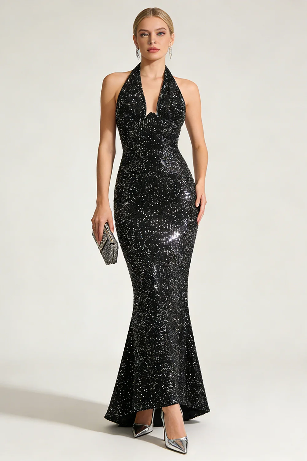 Barron Halter Sequin Embellished Gown In Black